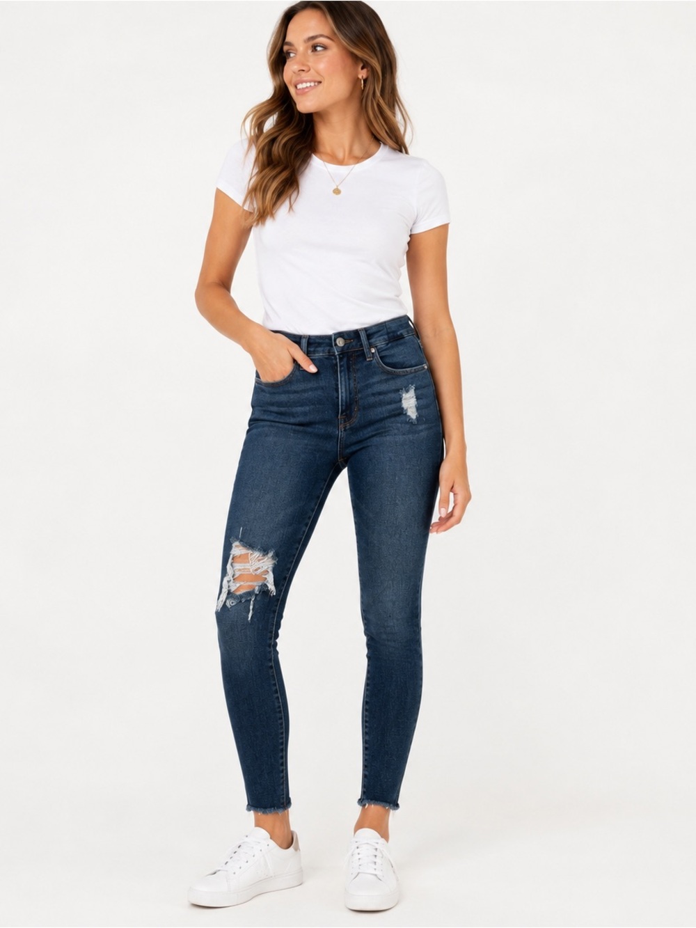 Good American Good Legs Skinny Jeans 25 Dark Wash Distressed Raw Hem High Rise